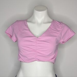 ✨3/$15 Kimberly Pink V Neck Short Sleeve Crop Top M